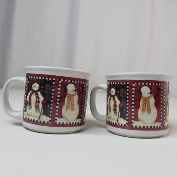 Debbie Mumm Christmas Set of 2 "Checkerboard Snowman" Ceramic Cocoa Mugs - Picture 4 of 9